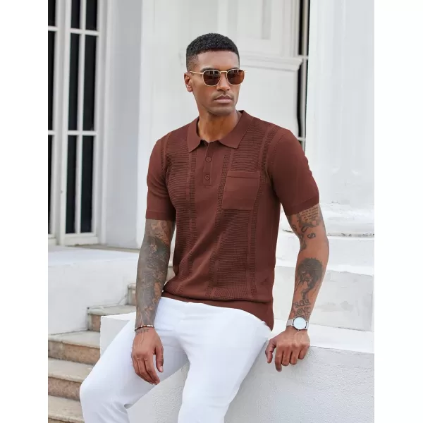 imageCOOFANDY Knit Polo Shirts for Men Short Sleeve Textured Polo Shirt Slim Fit Summer Collared T Shirt with PocketBrown
