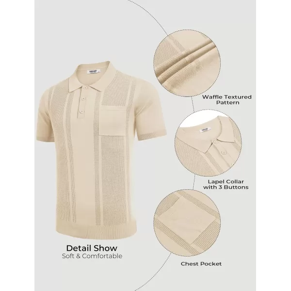 imageCOOFANDY Knit Polo Shirts for Men Short Sleeve Textured Polo Shirt Slim Fit Summer Collared T Shirt with PocketCream