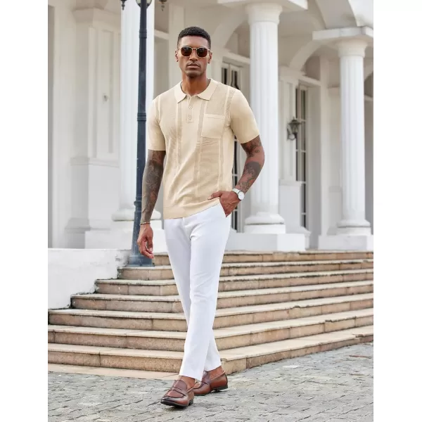 imageCOOFANDY Knit Polo Shirts for Men Short Sleeve Textured Polo Shirt Slim Fit Summer Collared T Shirt with PocketCream