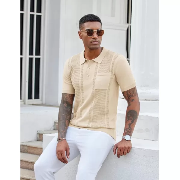 imageCOOFANDY Knit Polo Shirts for Men Short Sleeve Textured Polo Shirt Slim Fit Summer Collared T Shirt with PocketCream