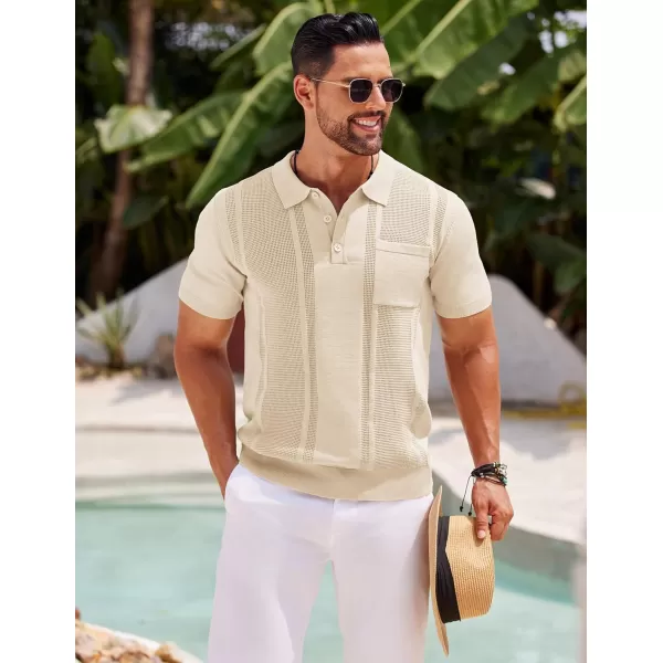 imageCOOFANDY Knit Polo Shirts for Men Short Sleeve Textured Polo Shirt Slim Fit Summer Collared T Shirt with PocketCream