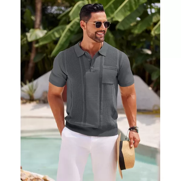 imageCOOFANDY Knit Polo Shirts for Men Short Sleeve Textured Polo Shirt Slim Fit Summer Collared T Shirt with PocketDark Grey