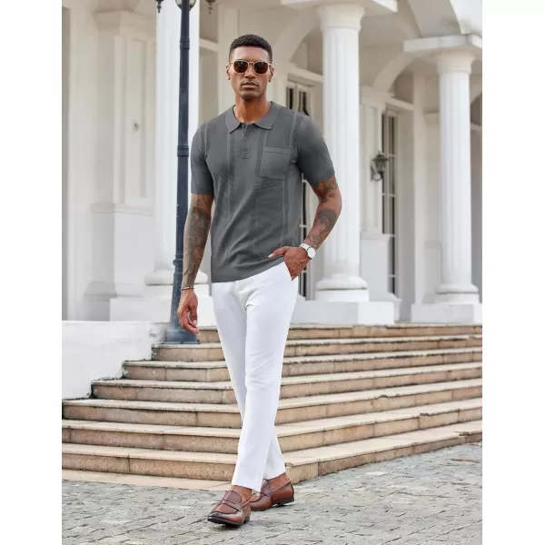 imageCOOFANDY Knit Polo Shirts for Men Short Sleeve Textured Polo Shirt Slim Fit Summer Collared T Shirt with PocketDark Grey