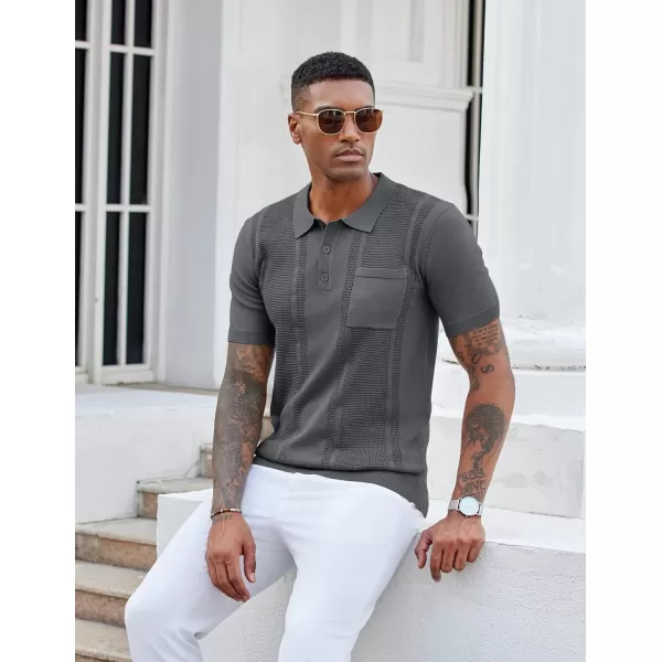 imageCOOFANDY Knit Polo Shirts for Men Short Sleeve Textured Polo Shirt Slim Fit Summer Collared T Shirt with PocketDark Grey