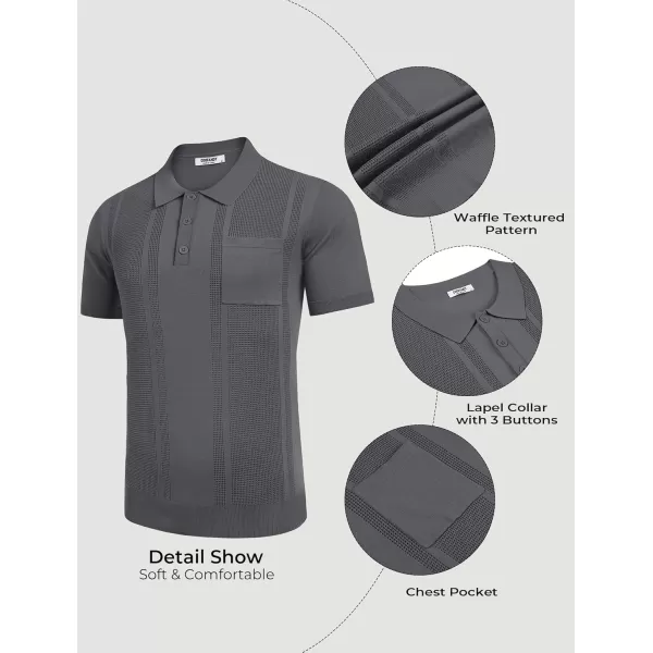 imageCOOFANDY Knit Polo Shirts for Men Short Sleeve Textured Polo Shirt Slim Fit Summer Collared T Shirt with PocketDark Grey