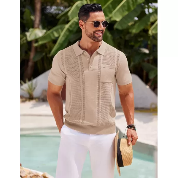 imageCOOFANDY Knit Polo Shirts for Men Short Sleeve Textured Polo Shirt Slim Fit Summer Collared T Shirt with PocketKhaki