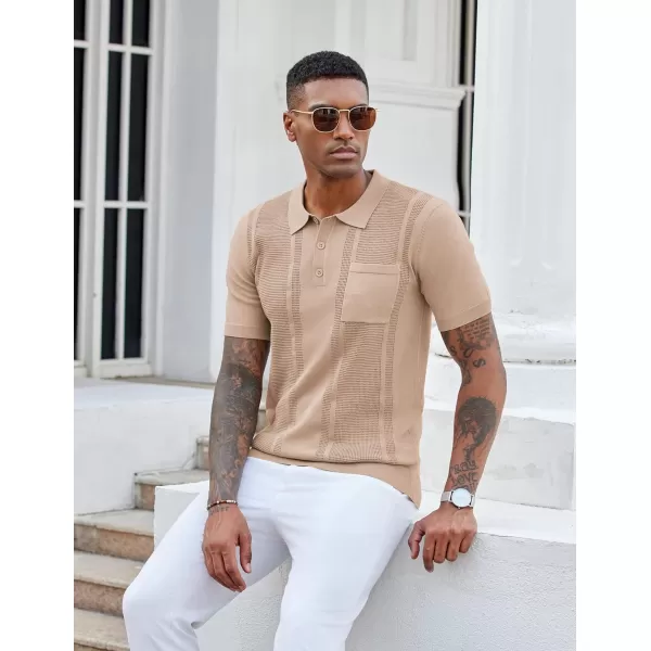 imageCOOFANDY Knit Polo Shirts for Men Short Sleeve Textured Polo Shirt Slim Fit Summer Collared T Shirt with PocketKhaki