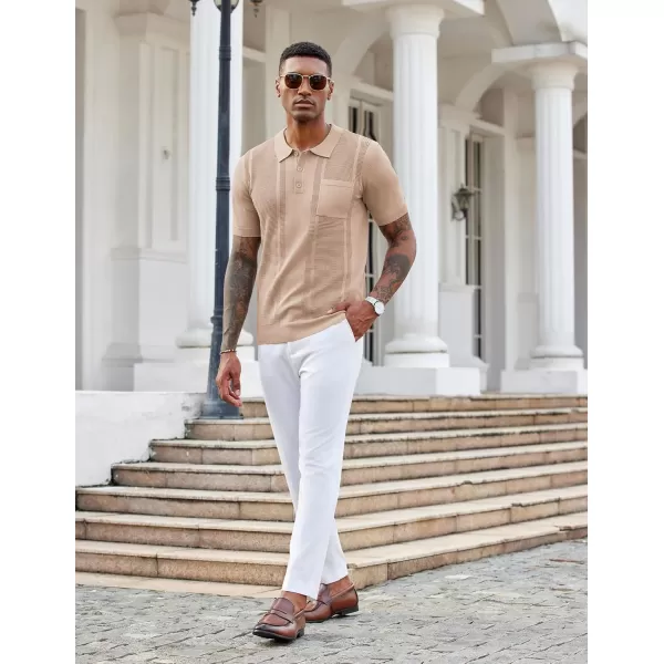 imageCOOFANDY Knit Polo Shirts for Men Short Sleeve Textured Polo Shirt Slim Fit Summer Collared T Shirt with PocketKhaki