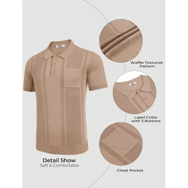 imageCOOFANDY Knit Polo Shirts for Men Short Sleeve Textured Polo Shirt Slim Fit Summer Collared T Shirt with PocketKhaki