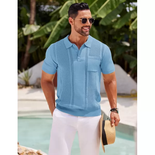 imageCOOFANDY Knit Polo Shirts for Men Short Sleeve Textured Polo Shirt Slim Fit Summer Collared T Shirt with PocketLight Blue