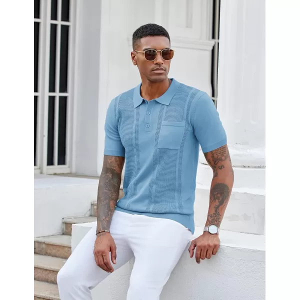 imageCOOFANDY Knit Polo Shirts for Men Short Sleeve Textured Polo Shirt Slim Fit Summer Collared T Shirt with PocketLight Blue