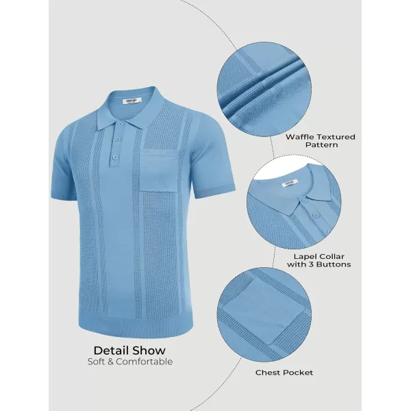 imageCOOFANDY Knit Polo Shirts for Men Short Sleeve Textured Polo Shirt Slim Fit Summer Collared T Shirt with PocketLight Blue