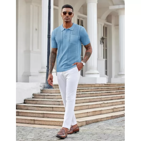 imageCOOFANDY Knit Polo Shirts for Men Short Sleeve Textured Polo Shirt Slim Fit Summer Collared T Shirt with PocketLight Blue