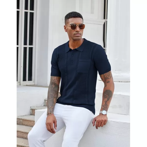 imageCOOFANDY Knit Polo Shirts for Men Short Sleeve Textured Polo Shirt Slim Fit Summer Collared T Shirt with PocketNavy Blue