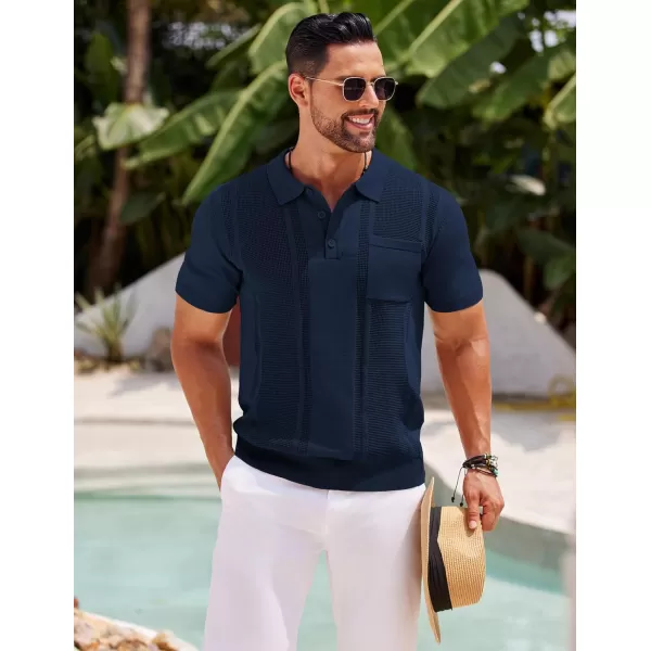 imageCOOFANDY Knit Polo Shirts for Men Short Sleeve Textured Polo Shirt Slim Fit Summer Collared T Shirt with PocketNavy Blue