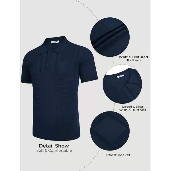 imageCOOFANDY Knit Polo Shirts for Men Short Sleeve Textured Polo Shirt Slim Fit Summer Collared T Shirt with PocketNavy Blue