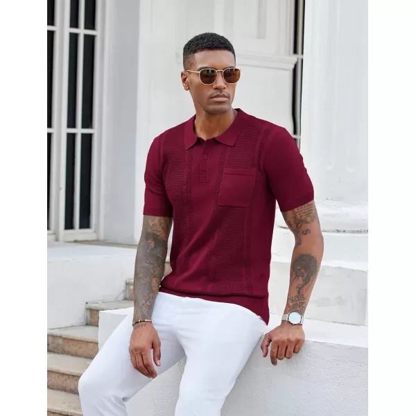 imageCOOFANDY Knit Polo Shirts for Men Short Sleeve Textured Polo Shirt Slim Fit Summer Collared T Shirt with PocketWine Red