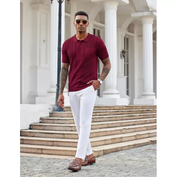 imageCOOFANDY Knit Polo Shirts for Men Short Sleeve Textured Polo Shirt Slim Fit Summer Collared T Shirt with PocketWine Red