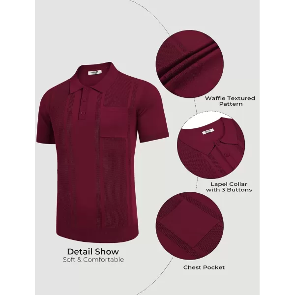 imageCOOFANDY Knit Polo Shirts for Men Short Sleeve Textured Polo Shirt Slim Fit Summer Collared T Shirt with PocketWine Red