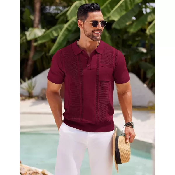 imageCOOFANDY Knit Polo Shirts for Men Short Sleeve Textured Polo Shirt Slim Fit Summer Collared T Shirt with PocketWine Red