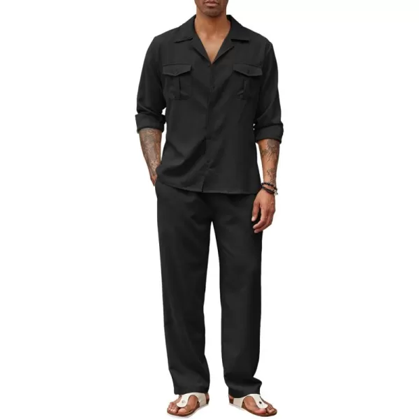 imageCOODANDY Mens Linen Sets Long Sleeve Button Down Shirt Summer Loungewear with PantsBlack