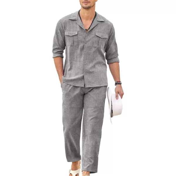 imageCOODANDY Mens Linen Sets Long Sleeve Button Down Shirt Summer Loungewear with PantsDark Grey