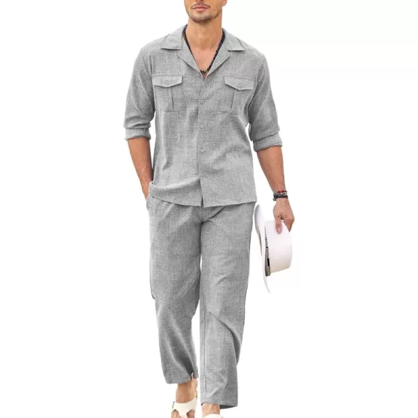 imageCOODANDY Mens Linen Sets Long Sleeve Button Down Shirt Summer Loungewear with PantsLight Grey