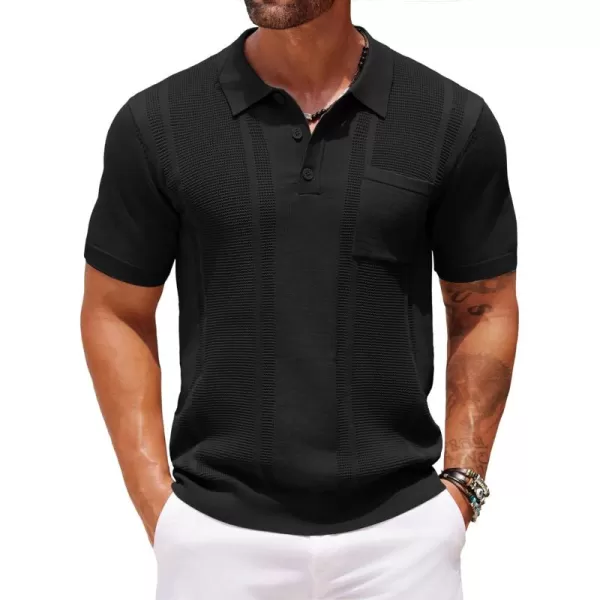 imageCOOFANDY Knit Polo Shirts for Men Short Sleeve Textured Polo Shirt Slim Fit Summer Collared T Shirt with PocketBlack