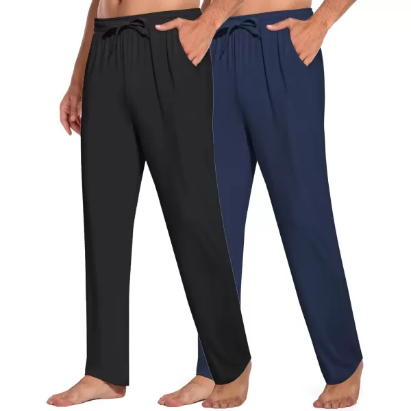 imageCOOFANDY Mens Open Bottom Sweatpants Casual Yoga Pants Lightweight Jogger Lounge Pants with Pockets2 Pack BlackNavy Blue