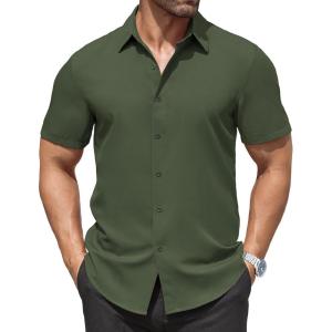 imageCOOFANDY Mens Dress Shirts Stain Shield Short Sleeve Button Down Shirts Summer Wrinkle Free Business Casual ShirtArmy Green