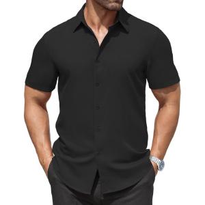 imageCOOFANDY Mens Dress Shirts Stain Shield Short Sleeve Button Down Shirts Summer Wrinkle Free Business Casual ShirtBlack