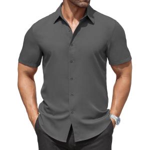 imageCOOFANDY Mens Dress Shirts Stain Shield Short Sleeve Button Down Shirts Summer Wrinkle Free Business Casual ShirtDark Grey