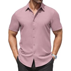 imageCOOFANDY Mens Dress Shirts Stain Shield Short Sleeve Button Down Shirts Summer Wrinkle Free Business Casual ShirtDark Pink