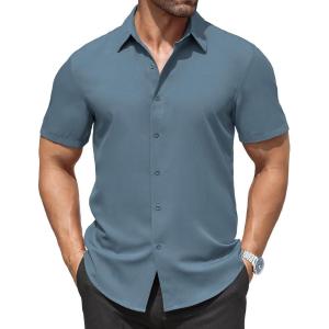 imageCOOFANDY Mens Dress Shirts Stain Shield Short Sleeve Button Down Shirts Summer Wrinkle Free Business Casual ShirtGrey Blue