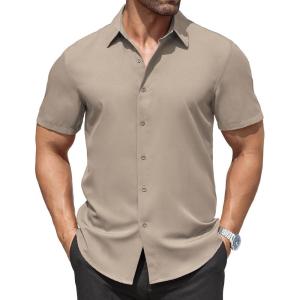 imageCOOFANDY Mens Dress Shirts Stain Shield Short Sleeve Button Down Shirts Summer Wrinkle Free Business Casual ShirtKhaki