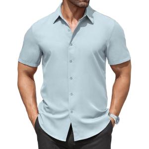 imageCOOFANDY Mens Dress Shirts Stain Shield Short Sleeve Button Down Shirts Summer Wrinkle Free Business Casual ShirtLight Blue