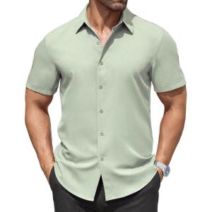 imageCOOFANDY Mens Dress Shirts Stain Shield Short Sleeve Button Down Shirts Summer Wrinkle Free Business Casual ShirtLight Green