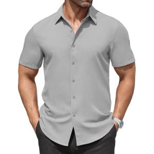 imageCOOFANDY Mens Dress Shirts Stain Shield Short Sleeve Button Down Shirts Summer Wrinkle Free Business Casual ShirtLight Grey