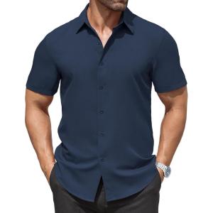 imageCOOFANDY Mens Dress Shirts Stain Shield Short Sleeve Button Down Shirts Summer Wrinkle Free Business Casual ShirtNavy Blue