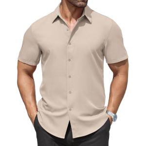 imageCOOFANDY Mens Dress Shirts Stain Shield Short Sleeve Button Down Shirts Summer Wrinkle Free Business Casual ShirtSkinbeige
