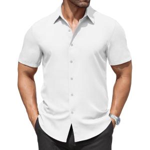 imageCOOFANDY Mens Dress Shirts Stain Shield Short Sleeve Button Down Shirts Summer Wrinkle Free Business Casual ShirtWhite