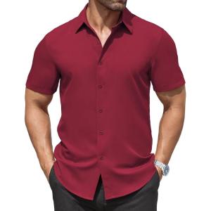 imageCOOFANDY Mens Dress Shirts Stain Shield Short Sleeve Button Down Shirts Summer Wrinkle Free Business Casual ShirtWine Red