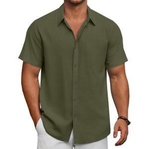 imageCOOFANDY Mens Short Sleeve Button Down Shirts Summer Casual Textured Shirt Vacation Beach Wedding Shirts with PocketArmy Green