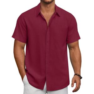 imageCOOFANDY Mens Short Sleeve Button Down Shirts Summer Casual Textured Shirt Vacation Beach Wedding Shirts with PocketBurgundy