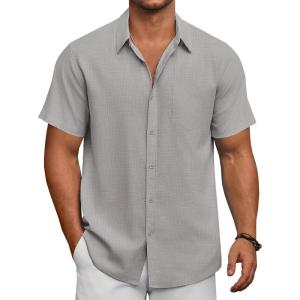 imageCOOFANDY Mens Short Sleeve Button Down Shirts Summer Casual Textured Shirt Vacation Beach Wedding Shirts with PocketGray