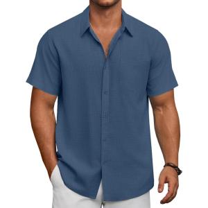 imageCOOFANDY Mens Short Sleeve Button Down Shirts Summer Casual Textured Shirt Vacation Beach Wedding Shirts with PocketGray Blue