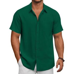 imageCOOFANDY Mens Short Sleeve Button Down Shirts Summer Casual Textured Shirt Vacation Beach Wedding Shirts with PocketGreen