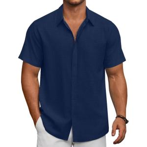 imageCOOFANDY Mens Short Sleeve Button Down Shirts Summer Casual Textured Shirt Vacation Beach Wedding Shirts with PocketNavy Blue