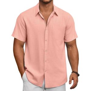 imageCOOFANDY Mens Short Sleeve Button Down Shirts Summer Casual Textured Shirt Vacation Beach Wedding Shirts with PocketPink