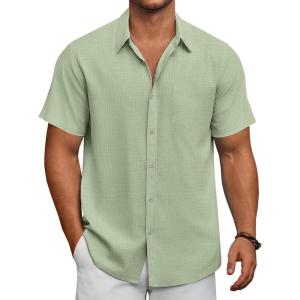 imageCOOFANDY Mens Short Sleeve Button Down Shirts Summer Casual Textured Shirt Vacation Beach Wedding Shirts with PocketSage Green
